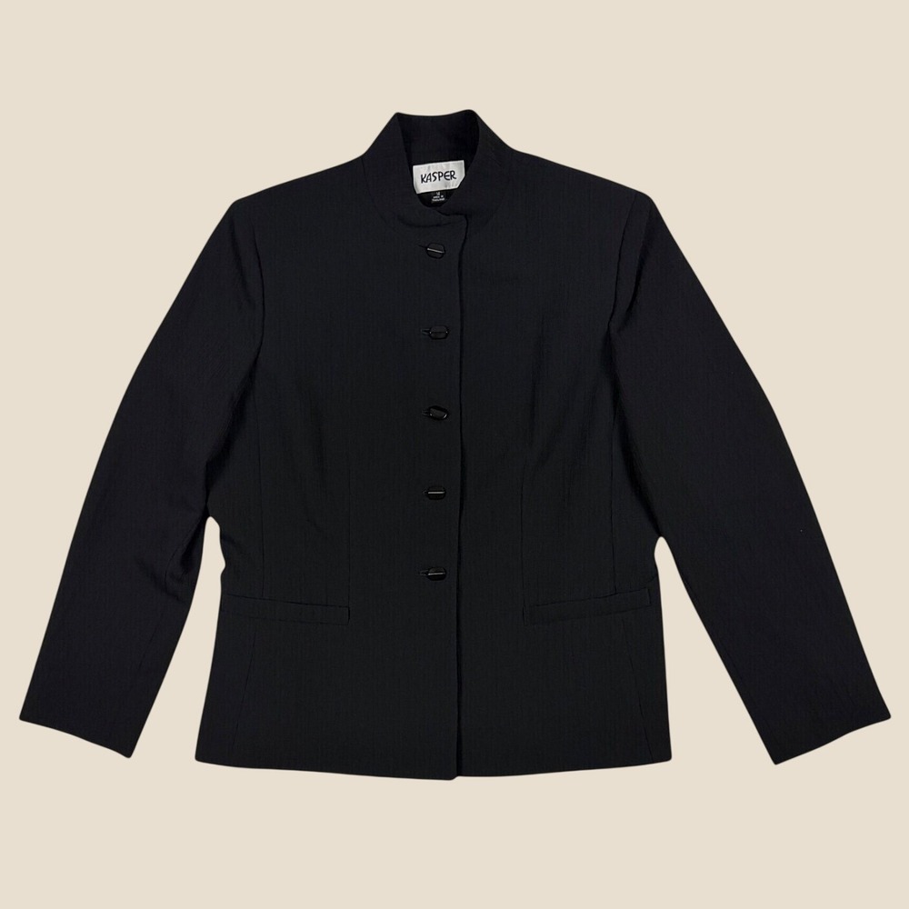 Kasper Womens Black Textured Mandarin Collar Button Front Blazer Jacket Size 14